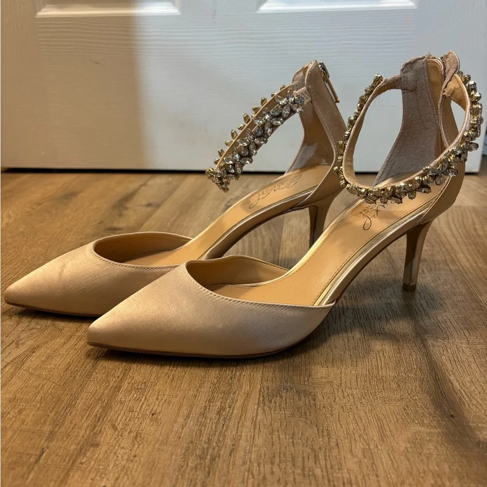 Jewel Badgley Mischka Satin Heels with Embellished Ankle Strap - Picture 2 of 6